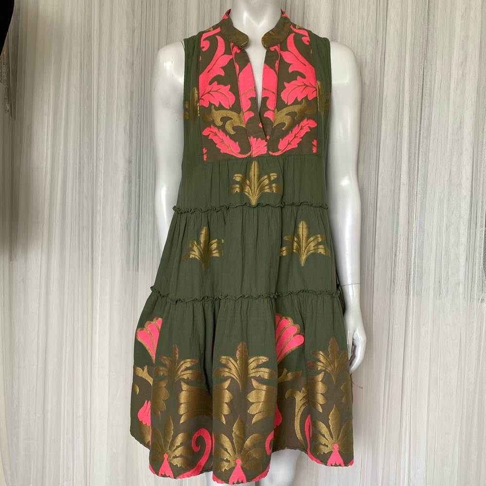 Lace - Olive Green Sleeveless Tiered Dress with Pink & Gold Print